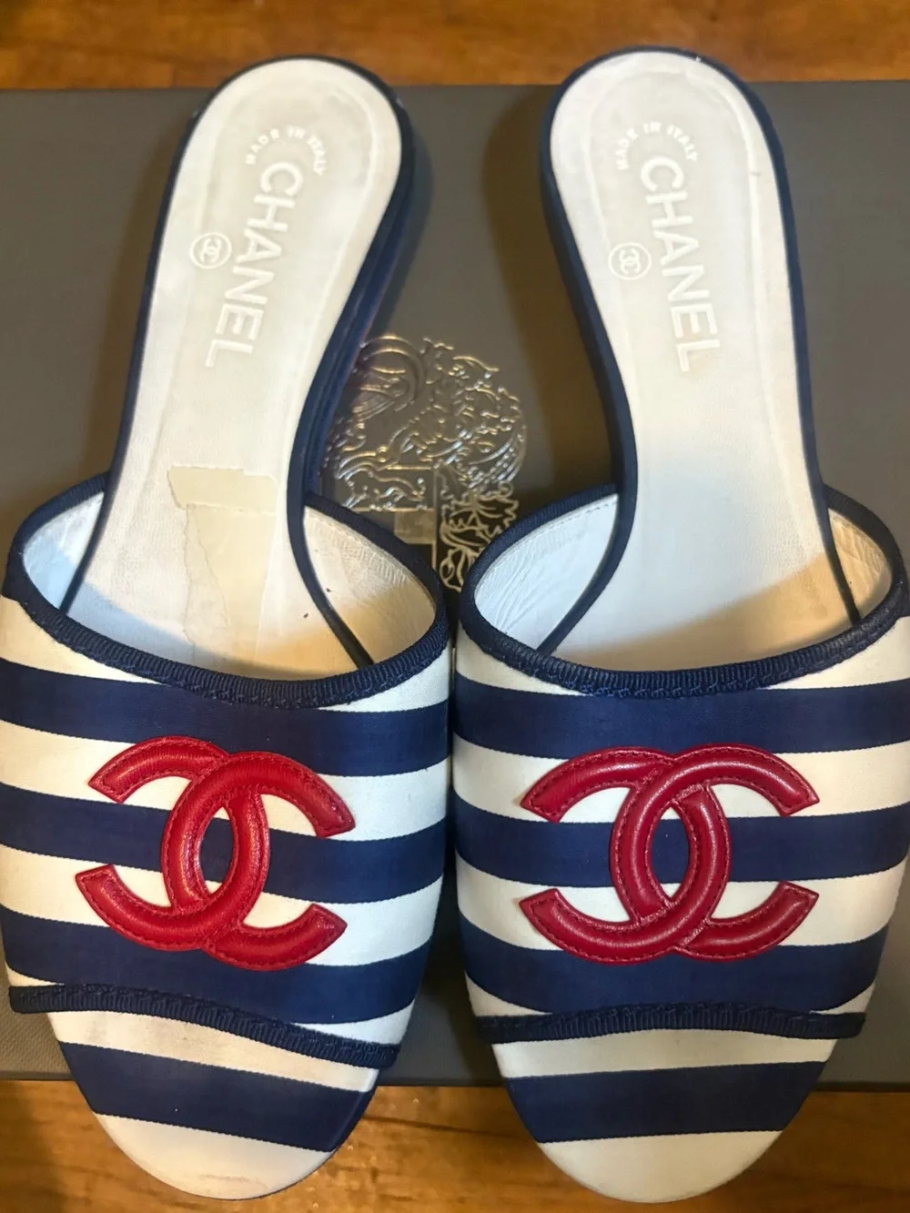 CHANEL Navy & White Striped Slide Mules with Red CC Logo